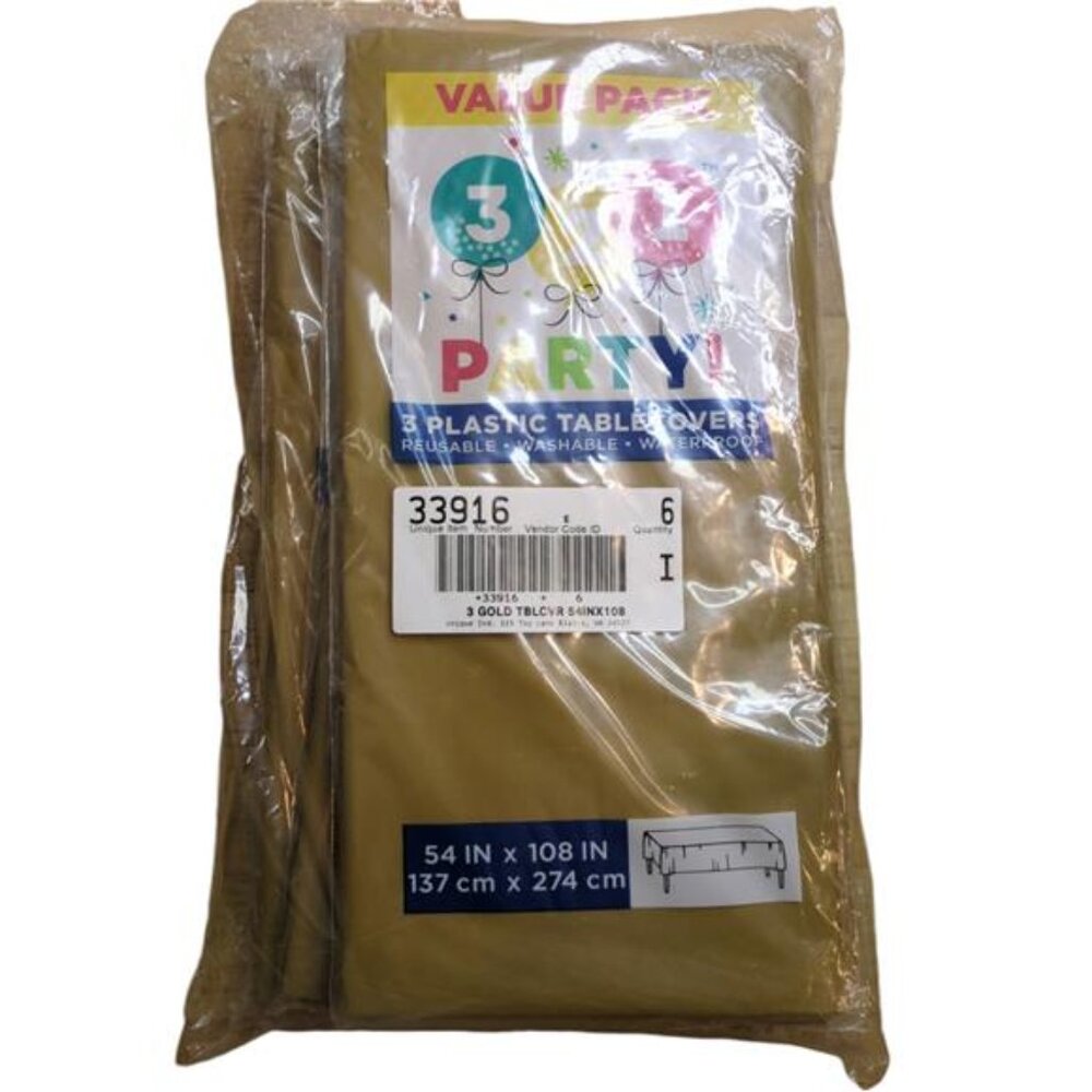 NEW 321 Party! Plastic Gold Tablecloths, 108" X 54", (6 packs of 3 tablecloths)